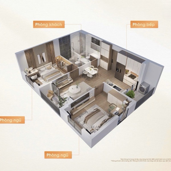 Phối cảnh 3D căn 2 phòng ngủ góc